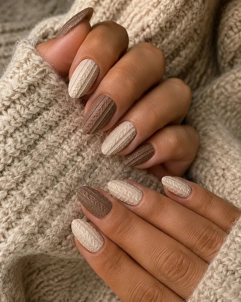 Cable knit sweater nails in cream and brown with raised knit texture, hands in a chunky knit