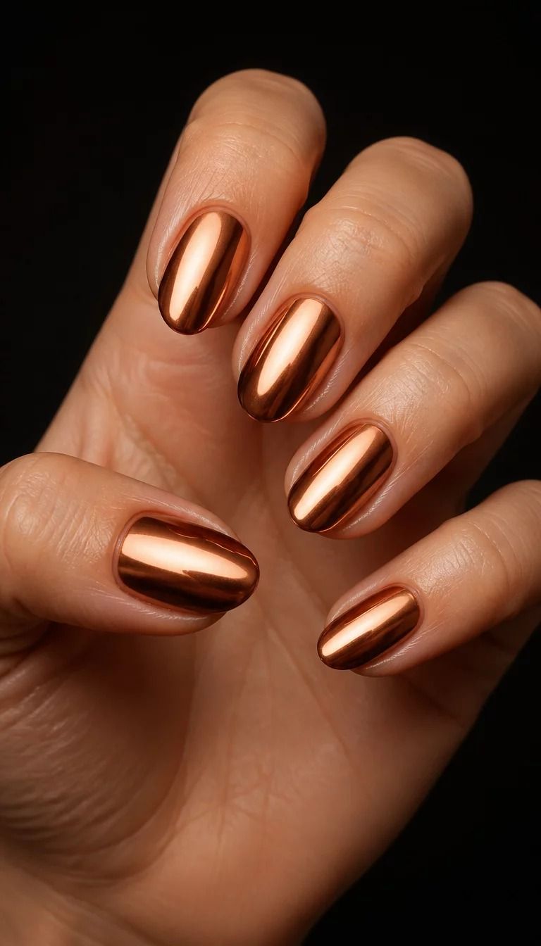 Copper chrome short oval nails with a liquid metal mirror finish against a dark background