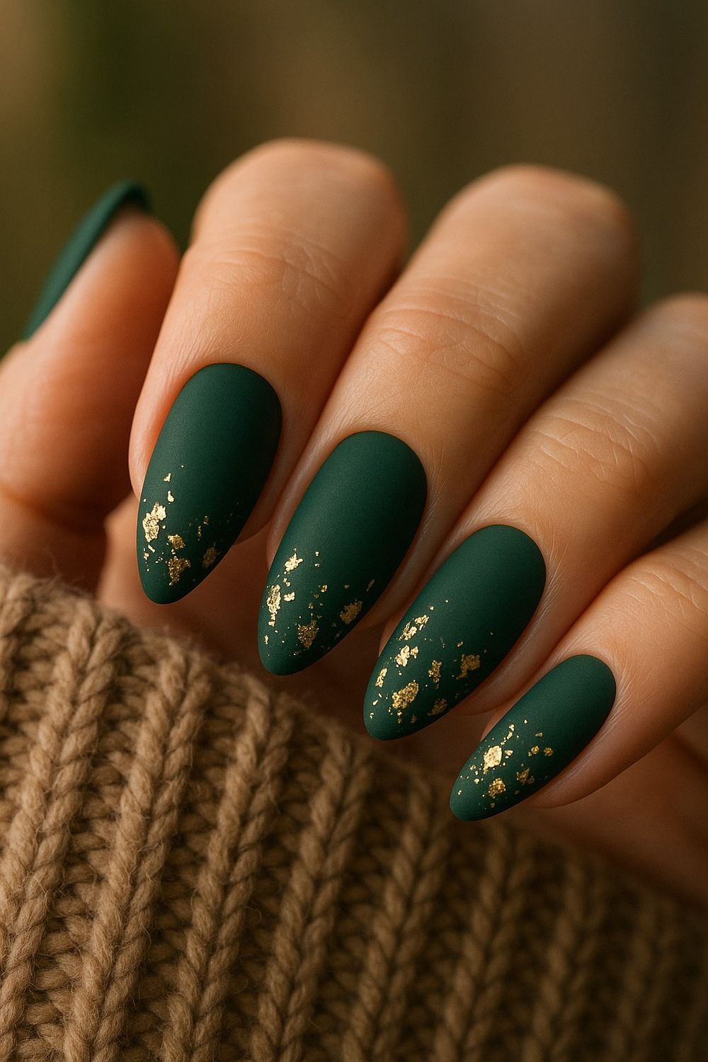 Matte forest green almond nails with gold foil flakes, hand in a camel knit sweater