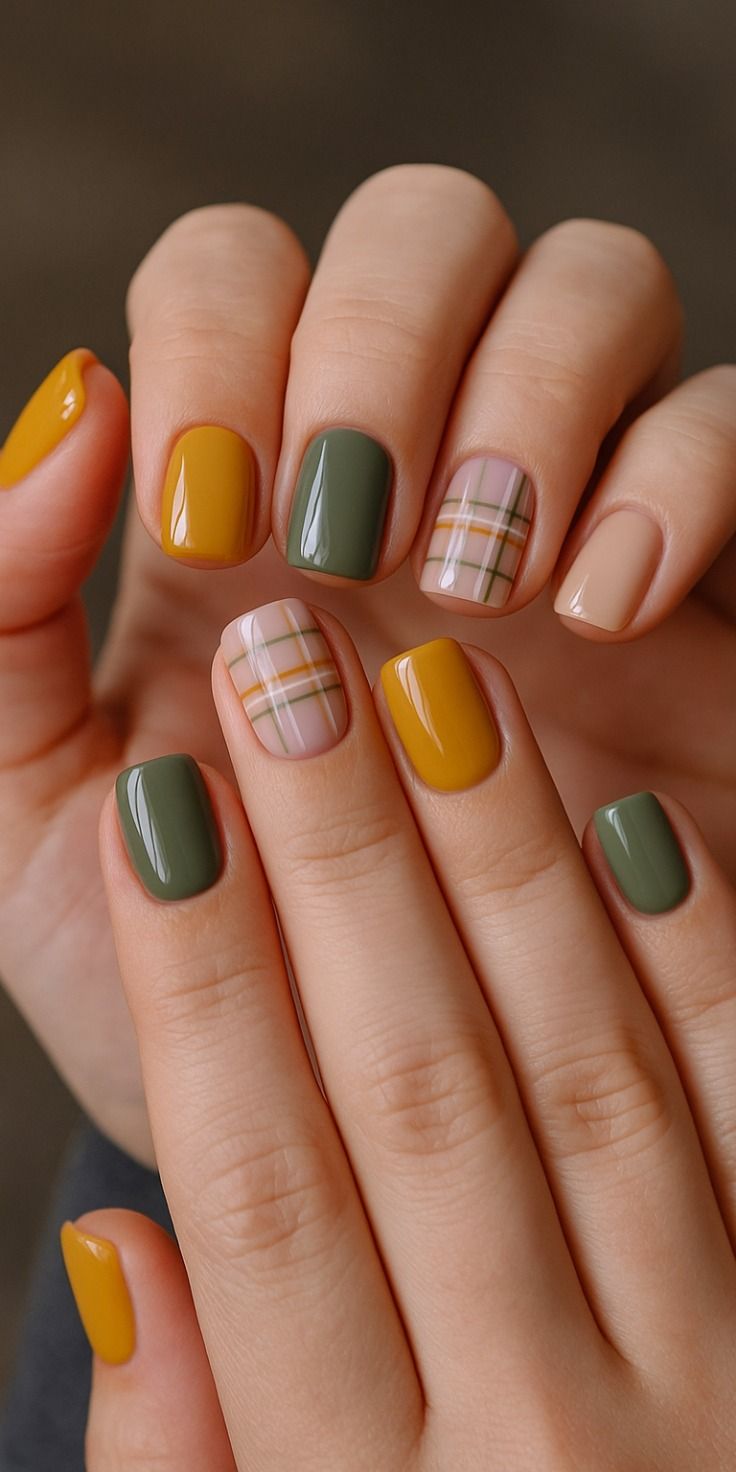 Mustard and olive short square nails with plaid accent nails in pink and cream checks