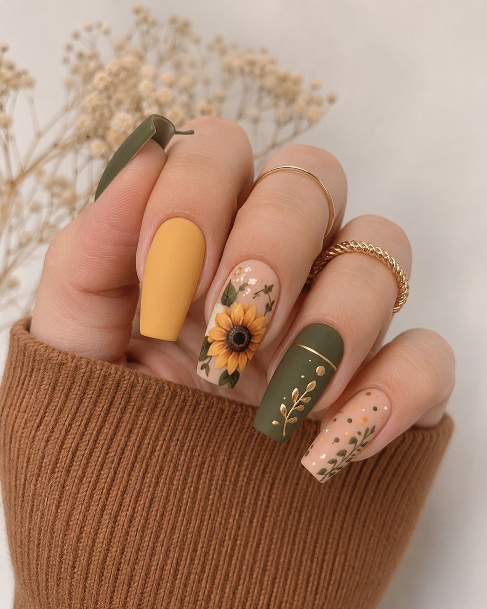 Sunflower fall art coffin nails in mustard and olive with a hand painted sunflower accent nail