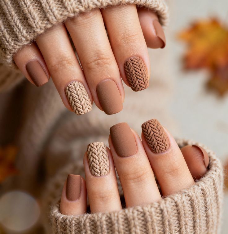 Matte mocha nails with cable knit sweater texture accent nails, hands tucked into knit sleeves