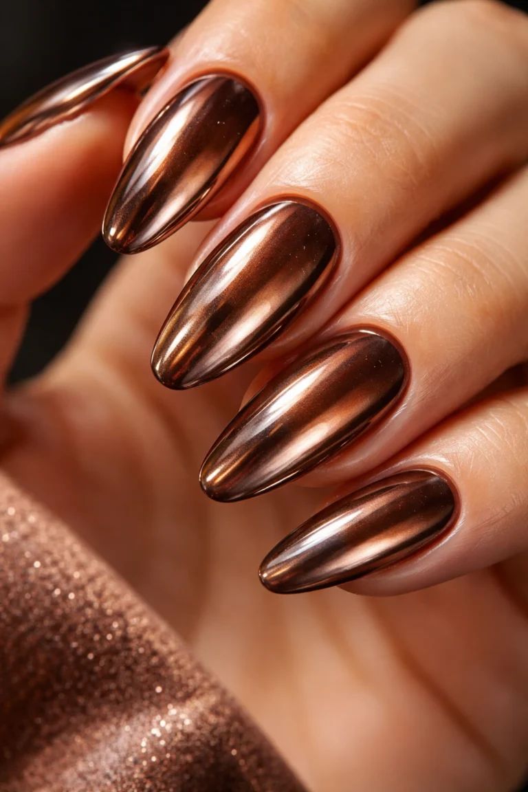 Bronze chrome almond nails close up, liquid metal copper bronze finish on long almond nails