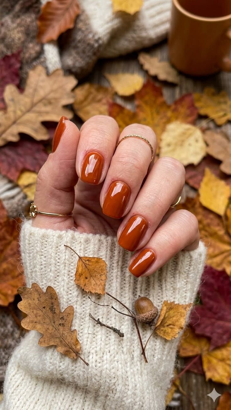 Burnt orange nails on a hand in a cream knit sweater resting on autumn leaves