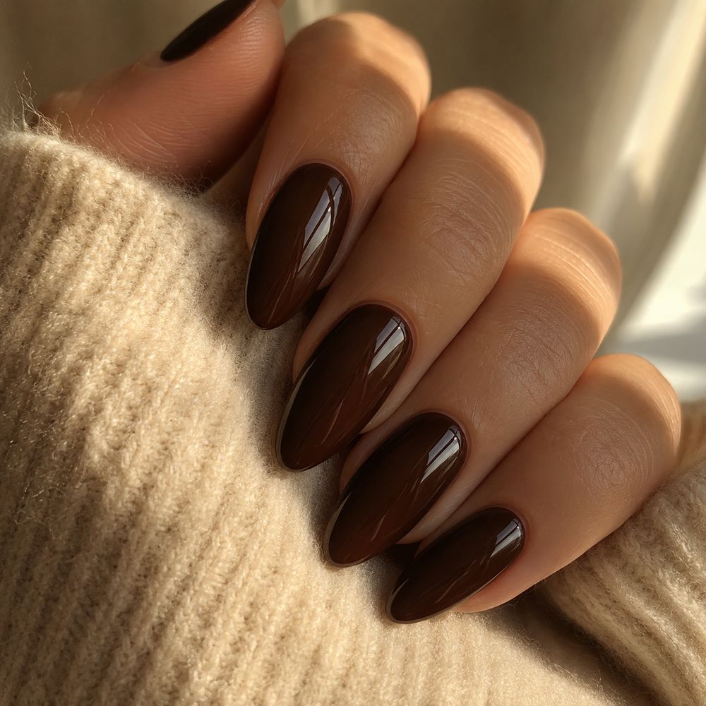 Dark chocolate almond nails in warm sunlight, glossy espresso brown gel worn with gold rings