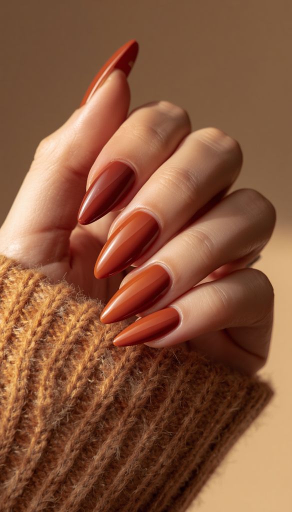 Terracotta almond nails on a hand in a rust knit sweater, warm earthy orange brown gel